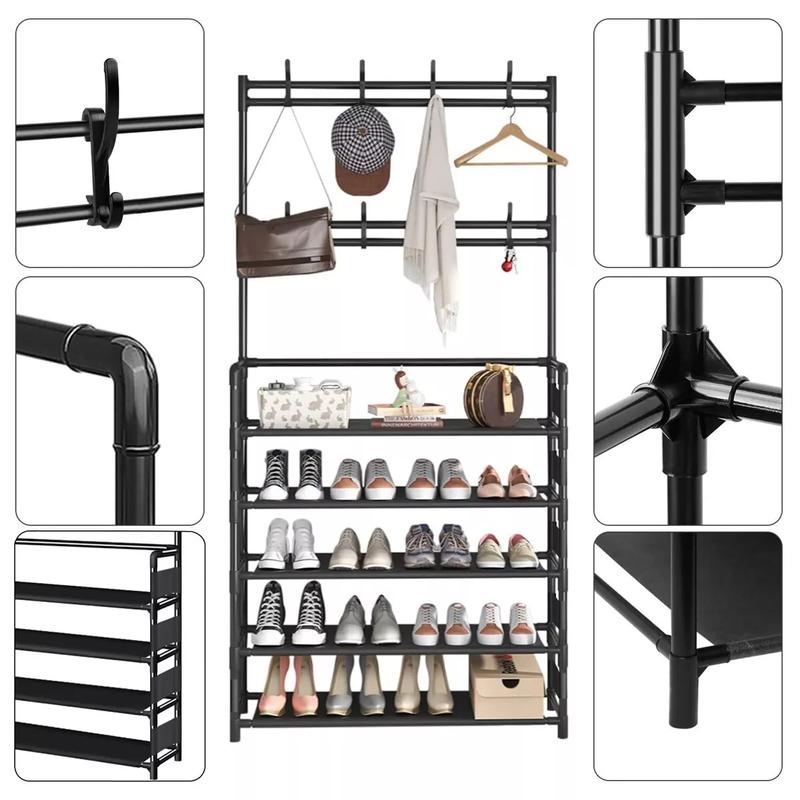 New Coat and Hat Stand 8 Hooks Metal Shoe Rack 5 Tiers Shelf Hanger Black 1