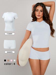 Women's Solid Crop Tee & Boxer Shorts Basic Loungewear, Casual Comfy Round Neck Short Sleeve T-Shirt & Shorts PJ Set, Ladies Sleepwear for All Seasons, Pajama