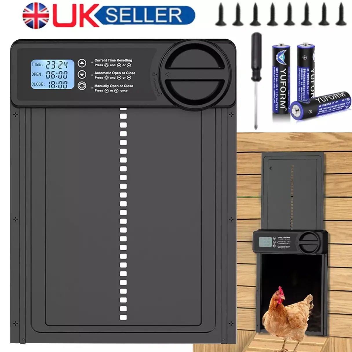 Automatic Chicken Coop Door Opener with Timer | IP45 Waterproof Auto Chicken Door | Predator-Proof Poultry Coop Opener | Adjustable Timer & Light Sensor | Battery or Solar Powered | Easy Installation | Safe Hen House Door | UK Stock | Fast Shipping