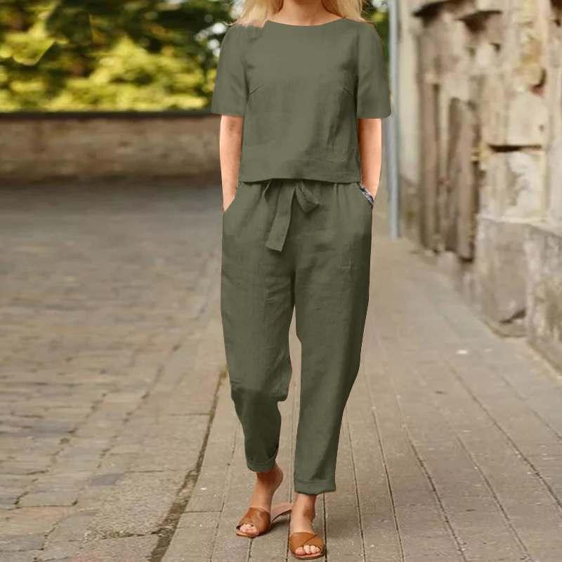 Women's Pullover Shirt And Pants Two-piece Set 2025 Women's Cotton And Linen Summer Suit Short Sleeved O-neck Outfit Pants 3