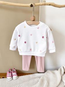 Baby Girl's Floral Embroidery Sweatshirt & Striped Print Pants Two-piece Set, Cute Long Sleeve Pullover Top & Elastic Waist Trousers for Pretty Little Baby, Infant Toddler Kids Spring & Fall Clothes