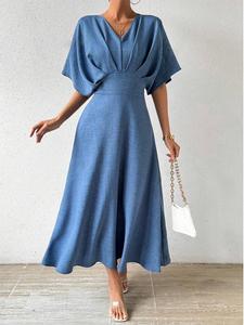 Women's Plain V Neck Batwing Sleeve Dress, Elegant Casual Dress for Daily Outdoor Wear, Ladies Clothes for All Seasons, Womenswear