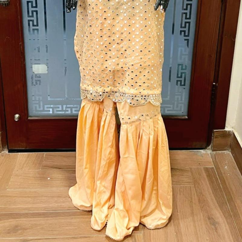 MI CLOSET  PERSENT ON EID COLLECTION with chiffon shirt and dupata emboidry tilla and sheesha work on allover sher and borders matha pati with heavy work with on neck fancy stud pati beauti full article grip inner silk palazo sharara style tailor stitch 4