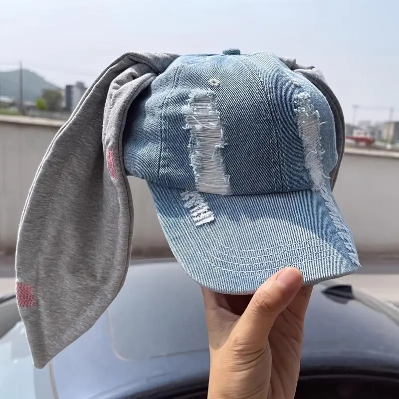 Women's Dark Punk Distressed Denim Cat Ear Baseball Cap with Iron Ring Detail - Adjustable Black Trucker Hat for Edgy Style, Fashion Accessory | Metal Ring Detailing | Denim Construction 7