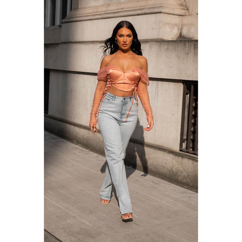 Blue Acid Wash High Waisted Straight Leg Side Split Jeans - Lexie 0