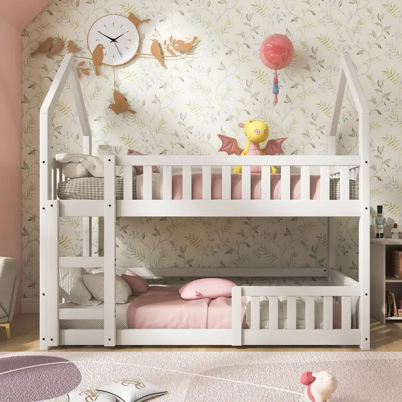Bunk Bed, Twin Sleeper Bed with Ladder, Solid Wood Frame 3FT Single bed, Gaming Bed, Castle-shaped Bed 90 x 190 cm Children's Bed room Furniture, Wooden Bed Frame for Kids Children (White) 3