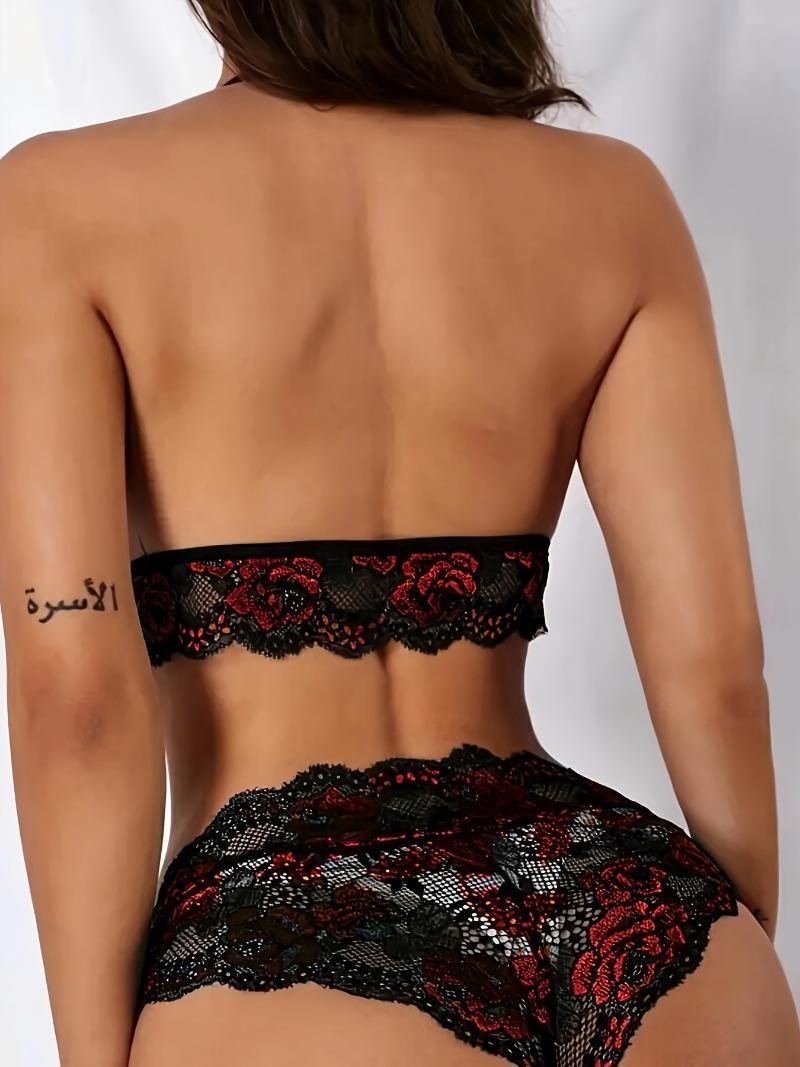 Product Introduction of Floral Lace Trim Lingerie Set, Seductive Push Up Bra + Semi-Sheer Lace Panties, Women's Sexy Lingerie & Underwear 4