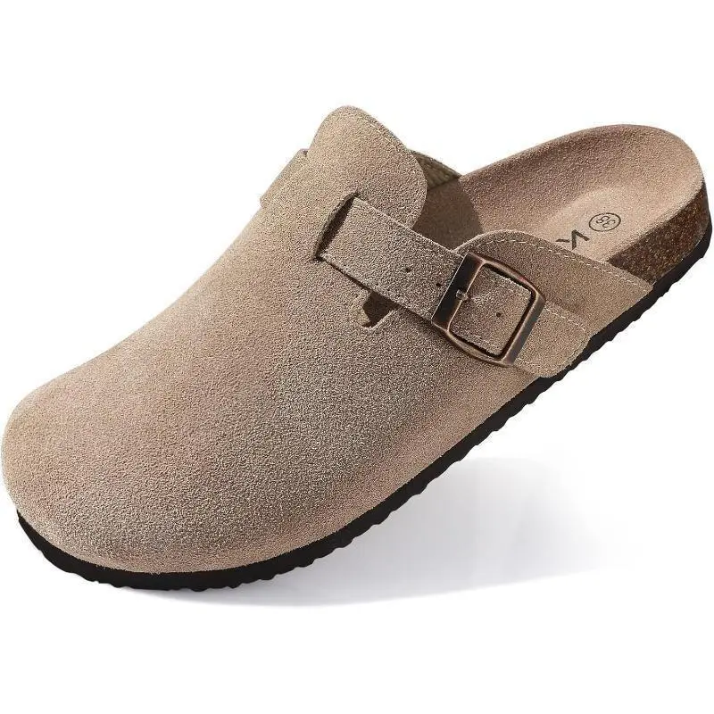 Women's Suede Clogs Leather Mules Cork Footbed Sandals Potato Shoes with Arch Support Footwear Walking Shoes