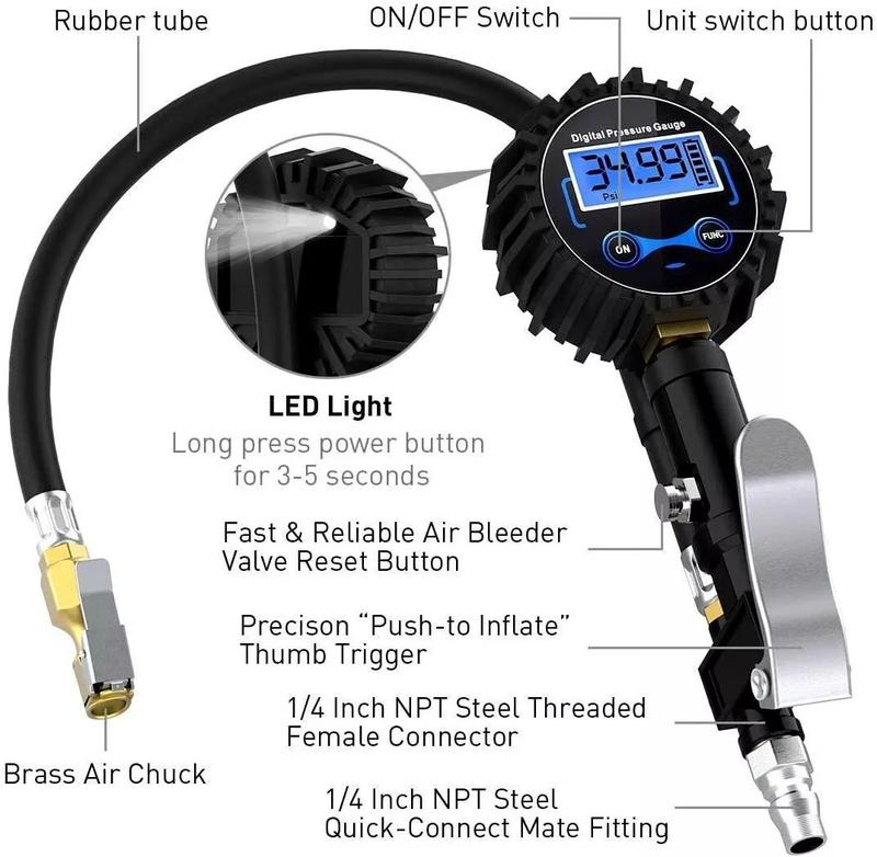 LCD Digital Tyre Inflator Pressure Gauge Air Line Clip on Tyre Pump Compressor 5