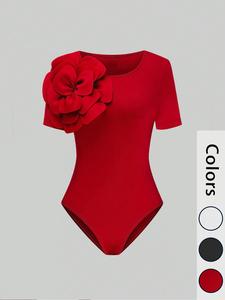 Women's Plain Floral Decor Round Neck Bodysuit, Basic Casual Short Sleeve Bodysuit for Summer, Ladies Clothes for Daily Wear, Womenswear