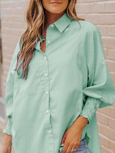 Women's Striped Print Flounce Sleeve Button Front Shirt, Casual Raglan Sleeve Pocket Collared Top for Fall & Winter, Women's Clothes for Daily Wear