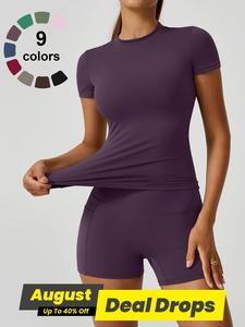 Women's Solid Tee & High Waist Shorts Sportswear Set, Casual Sporty Short Sleeve T-Shirt & Skinny Shorts, Ladies Summer Sportswear for Gym Workout Running, Yoga Outfit Set, Training Clothes, Fitness Training Clothes