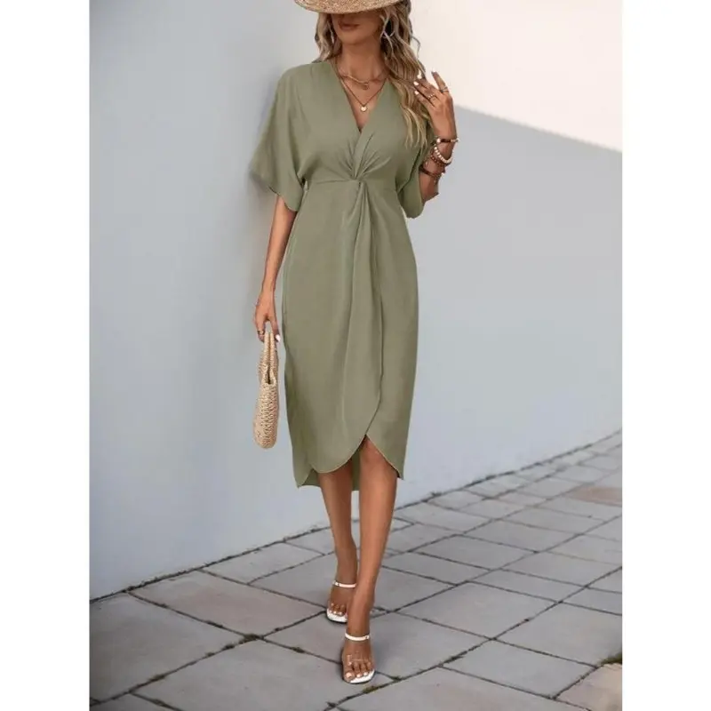 Women's Plain Twist Ruched Half Sleeve Dress, Elegant V Neck Knee Length Dress for Party Holiday Wedding Guest, Ladies Spring Clothes 6