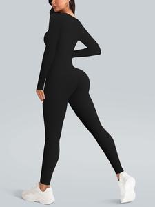 Women's Solid Long Sleeve Square Neck Sports Jumpsuit, Sporty Comfy High Stretch Jumpsuit for Yoga Gym Workout, Ladies Sportswear for All Seasons