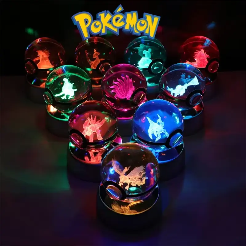 Pokemon Crystal Ball Figure Toys - Pokeball Gengar Gyarados Mimikyu Snorlax Rayquaza Sprigatito Model with LED Light Base Dolls