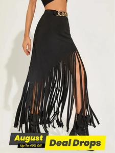 Women's Solid Color Fringe Trim Skirt, Fashionable Lightweight Fitted Long Skirt for Party Club Dating Wear, Women's Bottoms for Summer, Womenswear, Dance Clothing, Skirtswomen, Boho Fashion Skirt, Black Fashion Casual Skirt, Formal Elegant Skirt