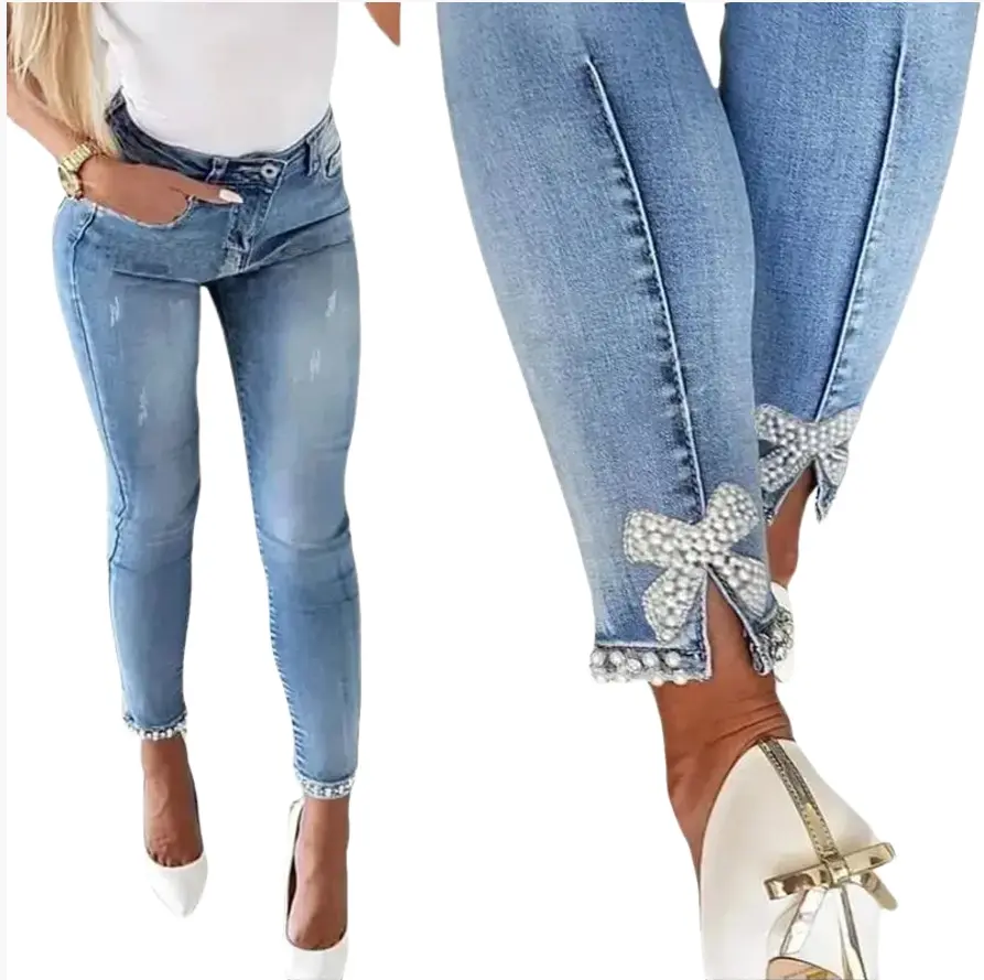 Women High Waist Stretchy Ripped Legging Jean Pant Slim Fit Beaded Bow Tie Slit Skinny Denim Pants Womenswear Bottom Trouser Comfort Streetwear Basic Minimalist