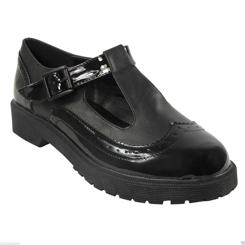 Girls Black Faux Leather Two Tone School Shoe 0