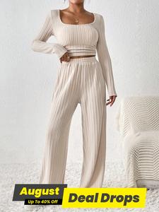 Women's Long Sleeve Square Neck Ribbed Longsleeves Crop Top & Elastic Waist Pants, Casual Minimalist Fashion Cozy Two-piece Outfits for Daily Outdoor Wear, Women Lounge Clothes for Spring Fall, Womenswear, Yoga Clothes Set