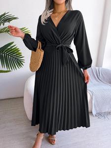 Women's Mean Girls Plain Belted Pleated Wrap Vneck a Line Dress, Elegant Chic Comfort Bishop Sleeve Midi Dress for Spring, Ladies Clothes for Daily Vacation Outdoor, Sun Dresses, Dresses for Women, Womenswear