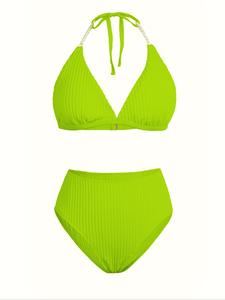 【Plus Size】 Solid Textured Faux Pearls Decor Bikini Set, Casual Halter Tie Back Swim Bra & High Waist Swim Panty, Women's Summer Swimwear, Bikinis Sets, Halter Bikini Top