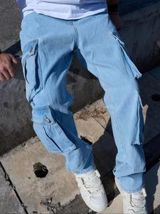 Men's Solid Color Flap Pocket Cargo Jeans, Loose Casual Fashion Denim Trousers for Daily Wear, Men's Bottoms for All Seasons