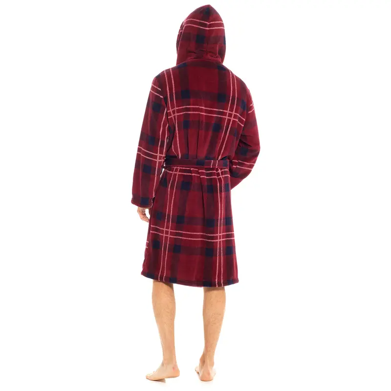 Men's Coral Fleece Tartan Checked Hooded Robe Dressing Gown 2