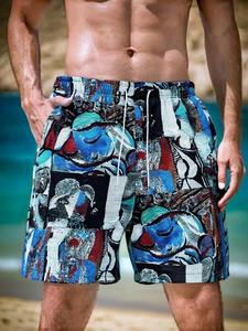 Men's Abstract Print Contrast Trim Quick Drying Shorts, Loose Casual Elastic Waist Beach Shorts for Summer, Men's Shorts for Vacation Holiday Beach