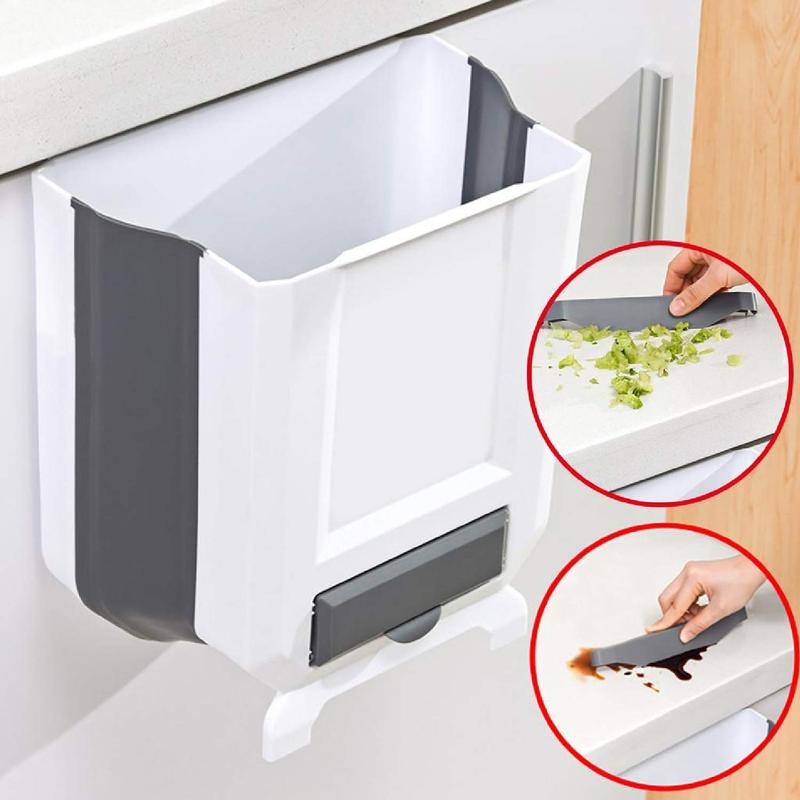 Folding Hanging Trash Can, Collapsible Home Recycle Trash Cans 9 litre Waste Bins Gabage Storage For Home Kitchen Cabinet Bathroom Car Office, White/Grey 6