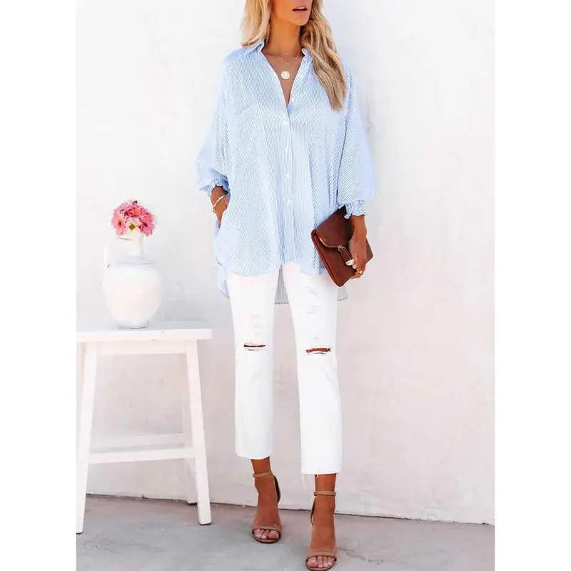 Womens Smocked Cuffed Striped Boyfriend Shirt Casual Collar Long Sleeve Oversized Button Down Blouse Tops with Pocket Shirred 3