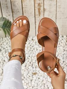 Women's Fashionable Plain Color Crossed Strap Flat Sandals, Casual Versatile Roman Sandals for Summer, Lightweight Breathable Comfortable Barefoot Shoes for Daily Wear, Girl, Ankle Strap Sandal