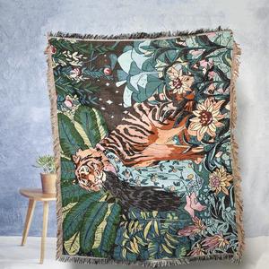 Tiger & Girl Pattern Tassel Throw Blanket, Bohemian Style Woven Blanket with Tassel, Soft Warm Napping Blanket for Home Sofa Bed