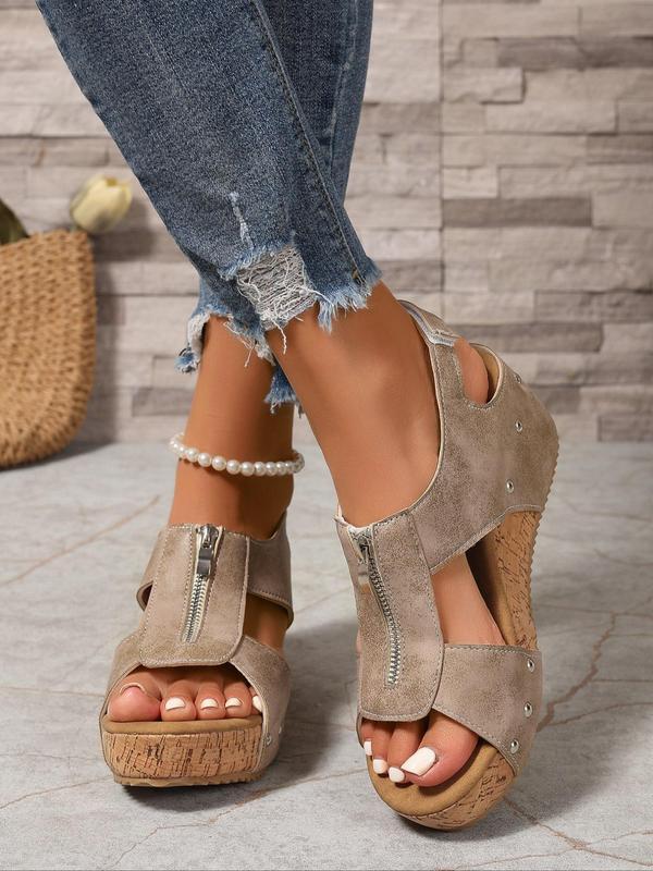Women's Fashionable Zipper Design Peep ToeWedge Sandals, Casual Comfortable Sandals forBeach Vacation, All-match Commuter Shoes forWork & Daily Wear, Summer 2