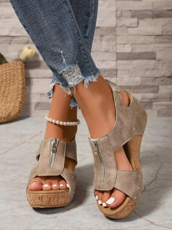 Women's Fashionable Zipper Design Peep ToeWedge Sandals, Casual Comfortable Sandals forBeach Vacation, All-match Commuter Shoes forWork & Daily Wear, Summer 2