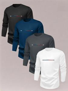 Men's Letter & Striped Print Round Neck Longsleeves Sweatshirt, Loose Classic Soft Casual Crewneck Long Sleeve Pullover for Fall & Winter, Men's Clothes for Daily Wear, Crewneck Sweatshirts