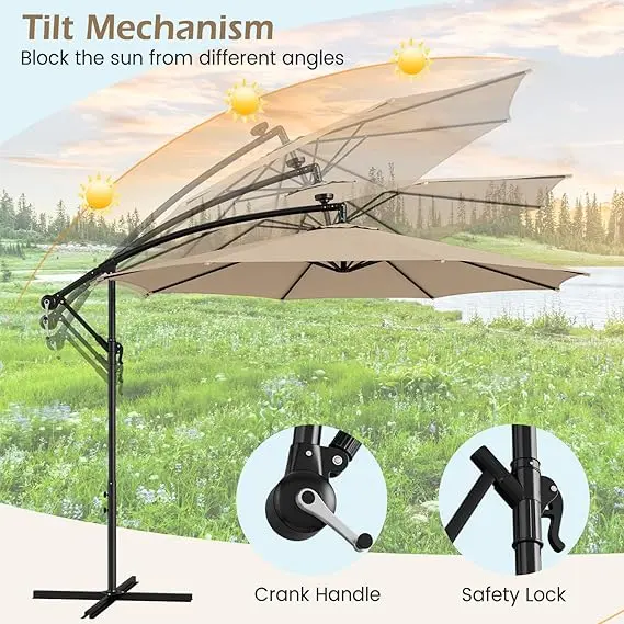 COSTWAY 3M Cantilever Garden Parasol with Solar-Powered LED Lights, Offset Banana Umbrella with Tilted Design, Crank Handle & Cross Base, Outdoor Hanging Sun Shade for Patio Market 3