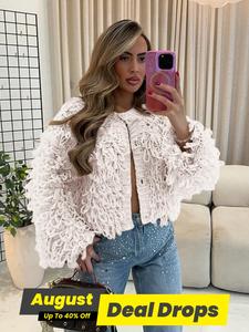 Women's Fringe Trim Button Front Longsleeves Cardigan, Casual Long Sleeve Round Neck Knitwear for Fall & Winter, Fashion Women's Knit Clothing for Daily Wear, Sassyclassyclothing