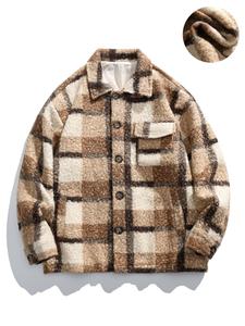 Men's Plaid Print Button Front Flap Pocket Shirt Jacket, Loose Casual Long Sleeve Collared Outerwear for Fall & Winter, Men's Clothes for Daily Wear