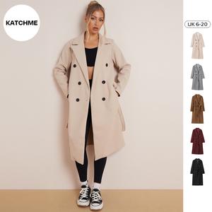 KatchMe Women's Commuter Double Breasted Notch Lapel Waist Tie Pocket Thermal Coat (Size:6-18), Basic Womenswear, Lady's Plain Jacket for Fall & Winter