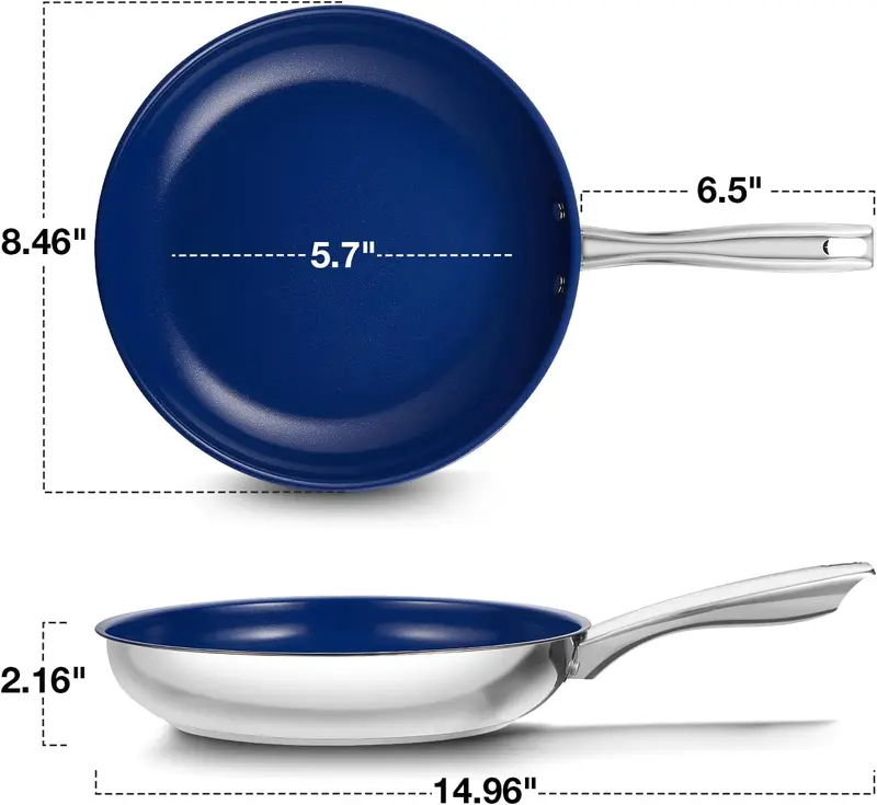 KOCH SYSTEME CS Stainless Steel Frying Pan, 8 Inch Stainless Steel Pan with Lid & Ultra Nonstick Blue Ceramic Coatings, 8 Inch Pans, Nontsick Small Frying Pans with Lid, Induction Compatible 1