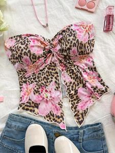 Women's Floral & Leopard Print Tube Top, Casual Sleeveless Crop Strapless Top for Summer, Ladies Clothes for Beach Holiday Vacation, Casual Bohemian Sleeveless Womenswear, Clothes for Women, Elegant Sleeveless Top