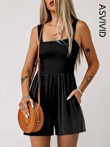 Women's Plain Pocket Shirred Tank Romper, Fashion Casual Square Neck Sleeveless Romper for Daily Outdoor Wear, Summer Outfits 2024, Ladies Clothes for Summer