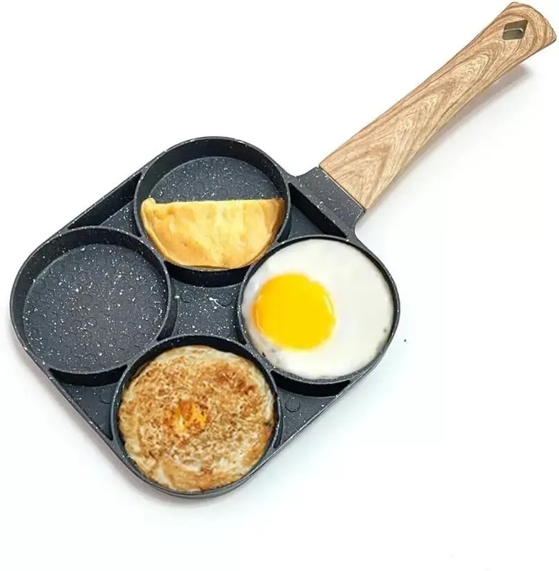 4 Hole Egg Pan Burger Ham Pancake Maker Wooden Handle Frying Grill Non-stick UK 1