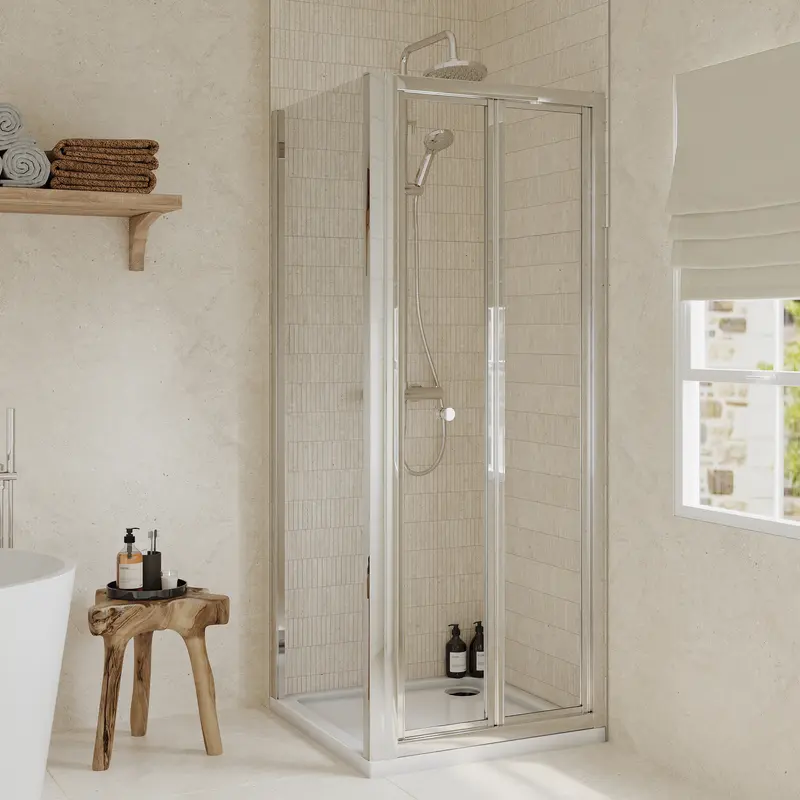 6mm Toughened Safety Glass Bi-Fold Shower Door, Side Panel and Shower Tray - 760 x 760 x 1900mm - Chrome Frame - White Tray 1