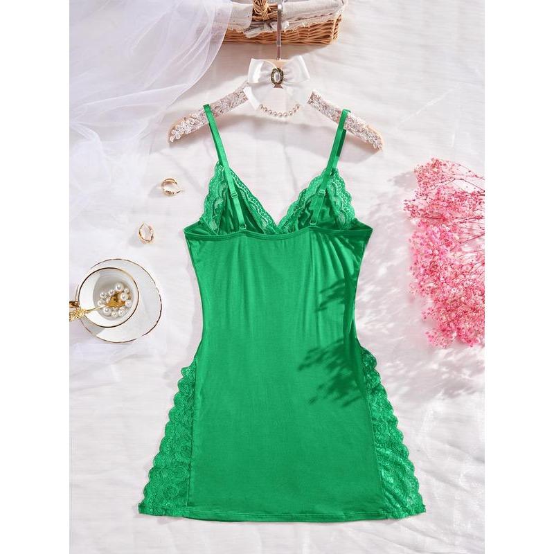 Women's Plain Sheer Contrast Lace Split Thigh Cami Nightdress, Elegant Soft Comfortable Bow Decor Spaghetti Strap Sleeveless Nightgown for Summer, Fashion Ladies' Sleepwear for Daily Wear Loungewear Womenswear Homewear Basic Minimalist 2
