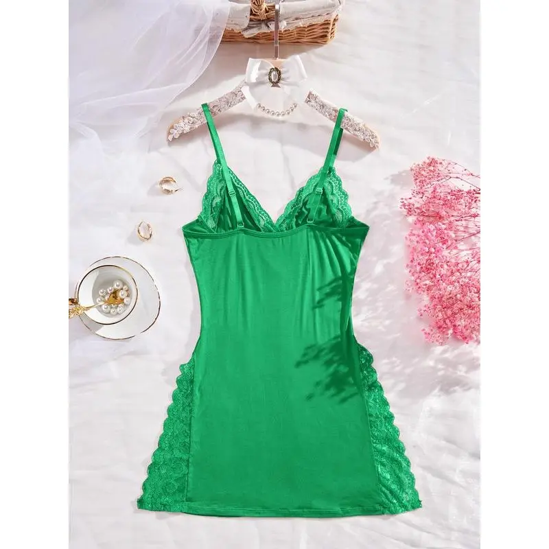 Women's Plain Sheer Contrast Lace Split Thigh Cami Nightdress, Elegant Soft Comfortable Bow Decor Spaghetti Strap Sleeveless Nightgown for Summer, Fashion Ladies' Sleepwear for Daily Wear Loungewear Womenswear Homewear Basic Minimalist 2