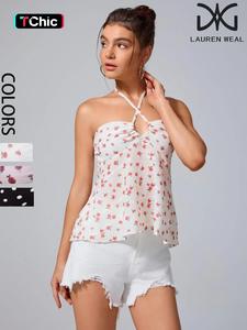 Women's All Over   Print Tie Front   Tube Top, Casual Strapless Top for Daily Wear, Ladies Clothes for Summer