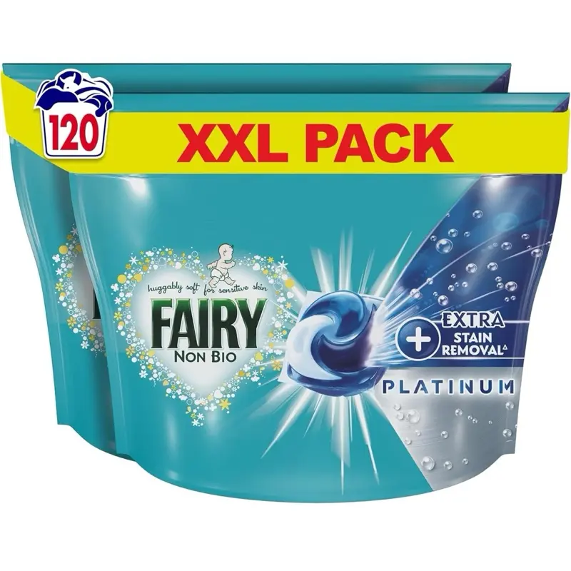 Fairy Non-Bio Platinum Laundry Detergent Tablets - 120 Washes, Extra Stain Removal Household