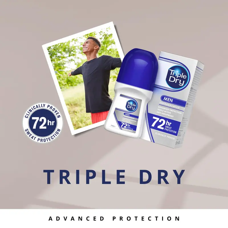 Triple Dry Men | Anti-Perspirant Roll On 50ml | 72-Hour Protection Against Excessive Sweating | Fights Odour | Triple Active Formula | Fragrance-Free | Clinically Proven | Male 5