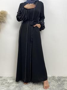 Women's Faux Pearls Decor Tie Front Abaya without Hijab, Modest Long Sleeve Maxi Abaya, Dresses for Women, Summer Outfits 2024, Abayas for Women, Muslim Clothes for Women, Women's Islamic Clothing, Vintage Kaftan